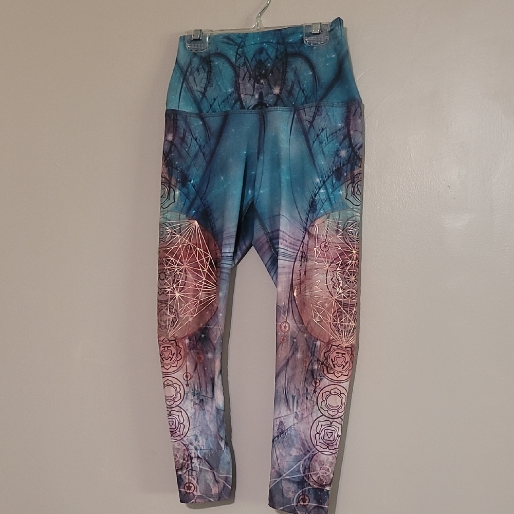 Evolution and Creation Blue and Pink Leggings with Artistic Design